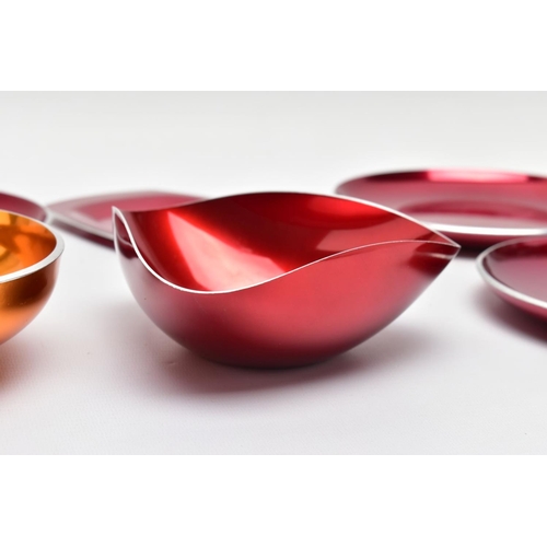 480A - VINTAGE ANODISED NORWEGIAN METAL WARES, comprising three Olden of Norway red dishes, approximate dia... 