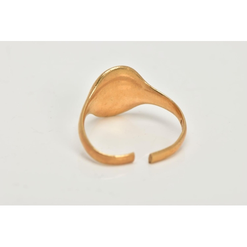 49 - AN AF 18CT GOLD SIGNET RING, oval signet with worn engraved initials, tapered plain polished split s... 