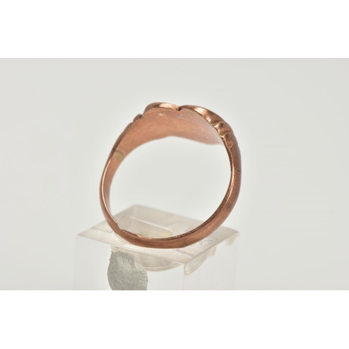 50 - A 9CT ROSE GOLD SIGNET RING, in the form of a heart with engraved initials, textured shoulders leadi... 