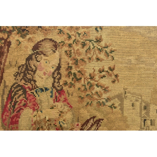 505A - A VICTORIAN HAND SEWN TAPESTRY DEPICTING A YOUNG FEMALE FIGURE PUTTING FLOWER GARLANDS ONTO A DEER, ... 