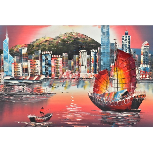 510A - TWO UNFRAMED OILS ON CANVAS DEPICTING SCENES OF HONG KONG, the first depicting a sunset view of boat... 