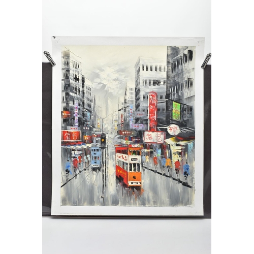 510A - TWO UNFRAMED OILS ON CANVAS DEPICTING SCENES OF HONG KONG, the first depicting a sunset view of boat... 