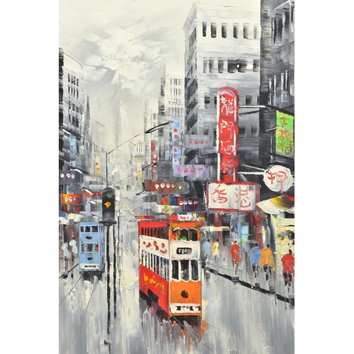 510A - TWO UNFRAMED OILS ON CANVAS DEPICTING SCENES OF HONG KONG, the first depicting a sunset view of boat... 