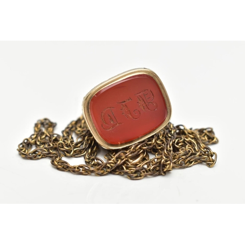 525A - A GOLD PLATED FOB SEAL AND CHAIN, floral and scroll detailed gold plated mount, carnelian seal base ... 