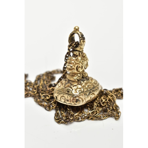 525A - A GOLD PLATED FOB SEAL AND CHAIN, floral and scroll detailed gold plated mount, carnelian seal base ... 