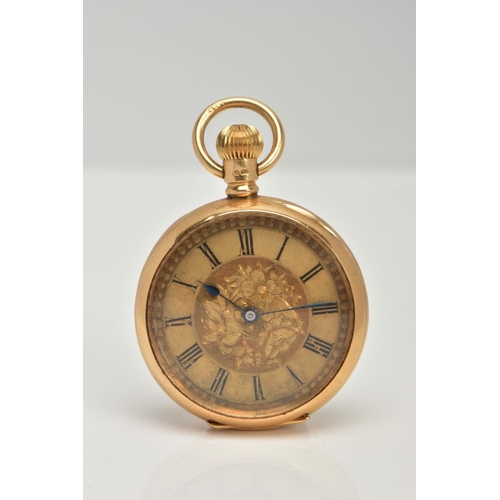 54 - A LADIES 18CT GOLD OPEN FACE POCKET WATCH, working manual wind, gold floral detailed dial, black Rom... 