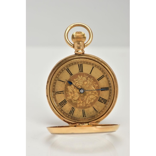 54 - A LADIES 18CT GOLD OPEN FACE POCKET WATCH, working manual wind, gold floral detailed dial, black Rom... 