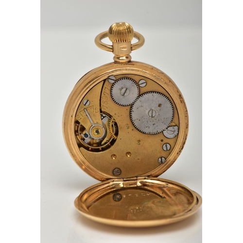 54 - A LADIES 18CT GOLD OPEN FACE POCKET WATCH, working manual wind, gold floral detailed dial, black Rom... 