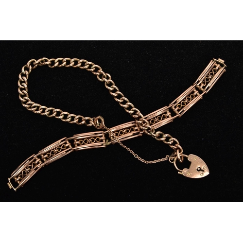 58 - TWO YELLOW METAL BRACELETS, to include an openwork fancy link infinity motif expandable bracelet, cl... 