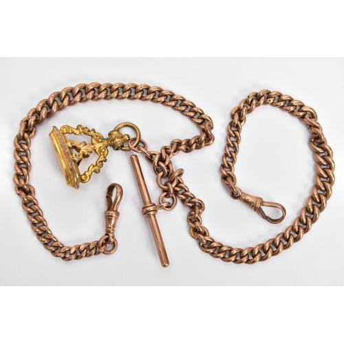 60 - AN EARLY 20TH CENTURY 9CT GOLD DOUBLE ALBERT CHAIN, suspending a T-bar to the two lobster clasps, la... 