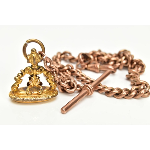 60 - AN EARLY 20TH CENTURY 9CT GOLD DOUBLE ALBERT CHAIN, suspending a T-bar to the two lobster clasps, la... 