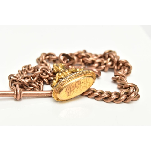 60 - AN EARLY 20TH CENTURY 9CT GOLD DOUBLE ALBERT CHAIN, suspending a T-bar to the two lobster clasps, la... 