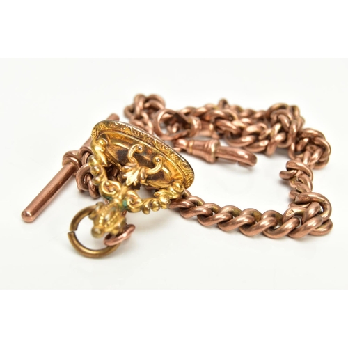 60 - AN EARLY 20TH CENTURY 9CT GOLD DOUBLE ALBERT CHAIN, suspending a T-bar to the two lobster clasps, la... 