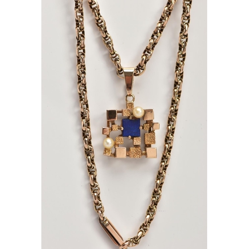 63 - A 9CT GOLD LAPIS LAZULI AND CULTURED PEARL ABSTRACT PENDANT WITH CHAIN, the textured and polished ab... 