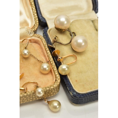 64 - THREE PAIRS OF YELLOW METAL EARRINGS AND A CAMEO BAR BROOCH, three pairs of yellow metal screw back ... 