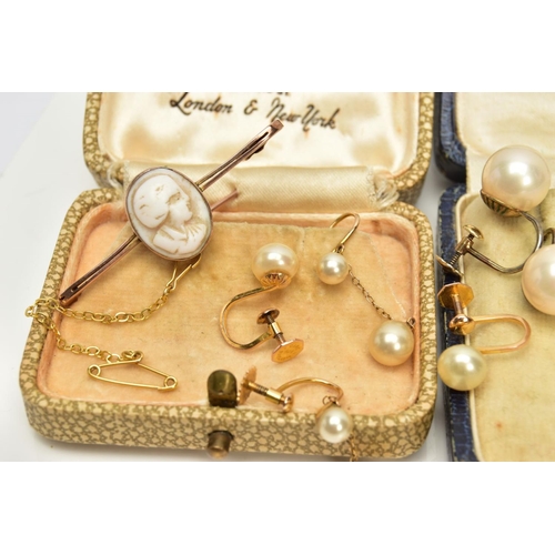 64 - THREE PAIRS OF YELLOW METAL EARRINGS AND A CAMEO BAR BROOCH, three pairs of yellow metal screw back ... 