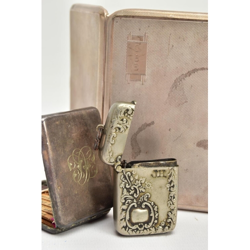 68 - A SILVER CIGARETTE CASE AND TWO VESTA CASES, the rectangular cigarette case with an engine turned de... 