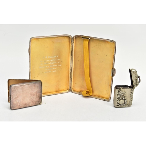 68 - A SILVER CIGARETTE CASE AND TWO VESTA CASES, the rectangular cigarette case with an engine turned de... 