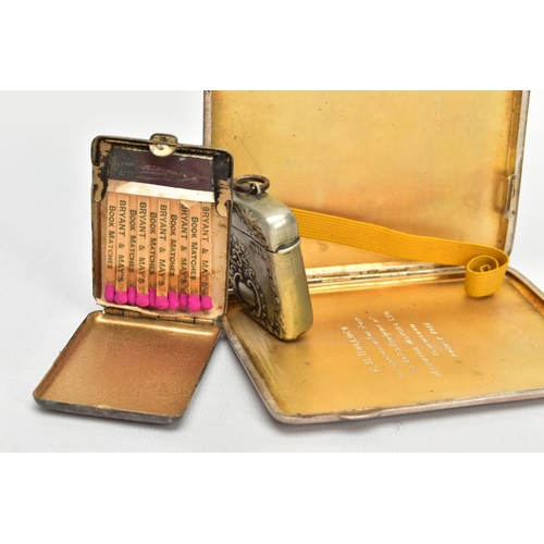 68 - A SILVER CIGARETTE CASE AND TWO VESTA CASES, the rectangular cigarette case with an engine turned de... 