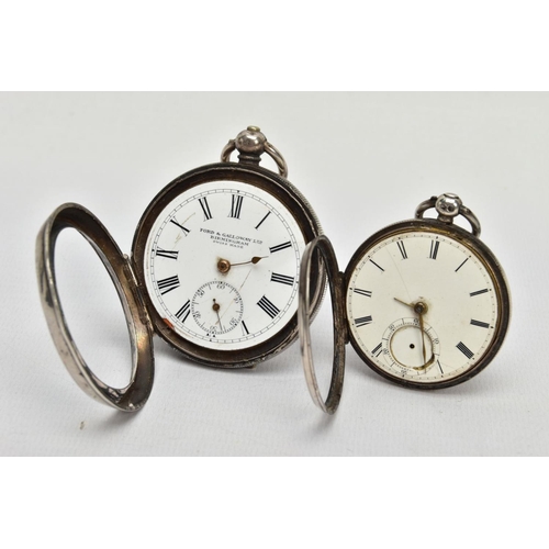 70 - TWO SILVER POCKET WATCHES, the first with an open face, circular white dial, Roman numerals, subsidi... 