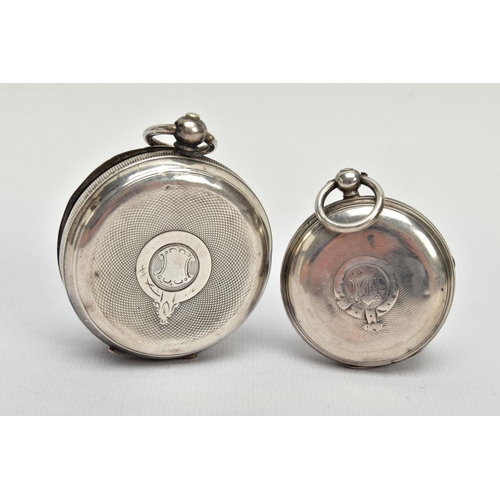 70 - TWO SILVER POCKET WATCHES, the first with an open face, circular white dial, Roman numerals, subsidi... 