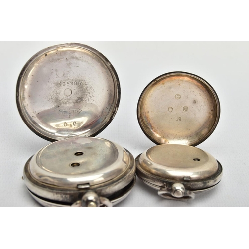 70 - TWO SILVER POCKET WATCHES, the first with an open face, circular white dial, Roman numerals, subsidi... 