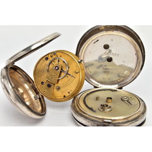 70 - TWO SILVER POCKET WATCHES, the first with an open face, circular white dial, Roman numerals, subsidi... 