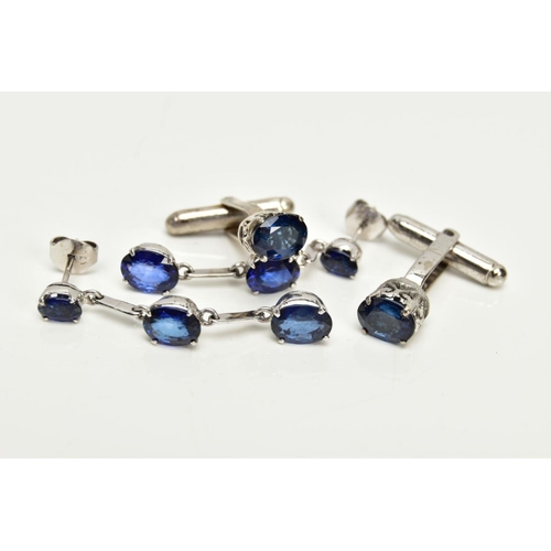 71 - A PAIR OF 9CT WHITE GOLD SAPPHIRE DROP EARRINGS AND A PAIR OF WHITE METAL SAPPHIRE CUFFLINKS, the fi... 