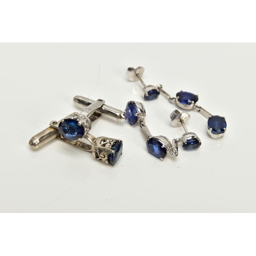 71 - A PAIR OF 9CT WHITE GOLD SAPPHIRE DROP EARRINGS AND A PAIR OF WHITE METAL SAPPHIRE CUFFLINKS, the fi... 