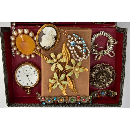 79 - A BOX OF COSTUME JEWELLERY AND A GOLD PLATED POCKET WATCH, snake skin effect jewellery box with cont... 