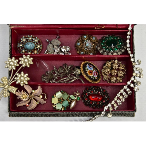 79 - A BOX OF COSTUME JEWELLERY AND A GOLD PLATED POCKET WATCH, snake skin effect jewellery box with cont... 