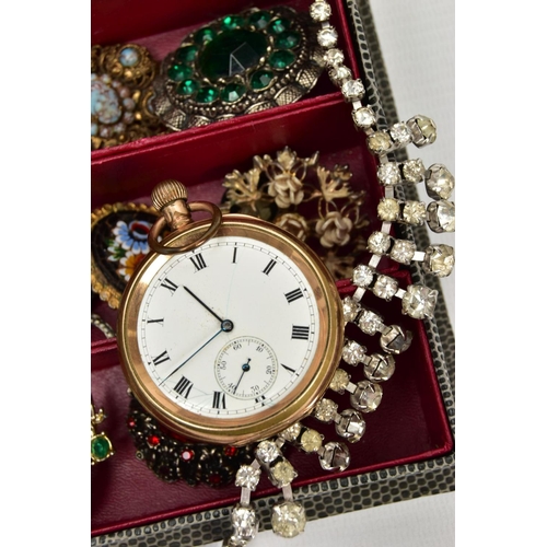 79 - A BOX OF COSTUME JEWELLERY AND A GOLD PLATED POCKET WATCH, snake skin effect jewellery box with cont... 