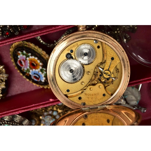 79 - A BOX OF COSTUME JEWELLERY AND A GOLD PLATED POCKET WATCH, snake skin effect jewellery box with cont... 