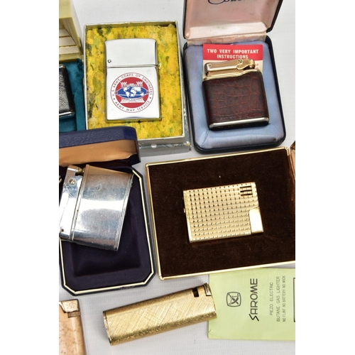 81 - A BOX OF LIGHTERS, to include a cased 'Ronson Varatronic Piezo-Electric' lighter, a boxed 'Ronson Ch... 