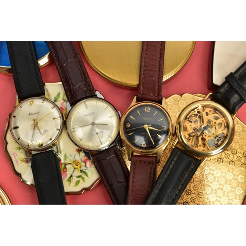 82 - FOUR WRISTWATCHES, COMPACTS AND A PILL BOX, four gents wristwatches such as an 'Etienne' fitted with... 