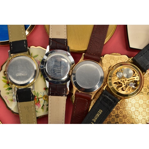 82 - FOUR WRISTWATCHES, COMPACTS AND A PILL BOX, four gents wristwatches such as an 'Etienne' fitted with... 