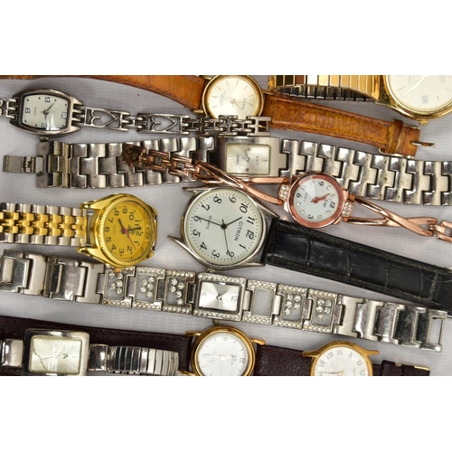 83 - A TIN OF ASSORTED WRISTWATCHES, mostly quartz movements, to include ladies and gents watches with na... 