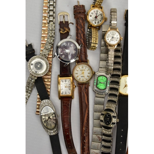 83 - A TIN OF ASSORTED WRISTWATCHES, mostly quartz movements, to include ladies and gents watches with na... 