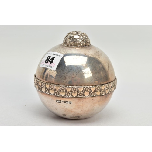 84 - A COMMEMORATIVE SILVER ORB BOX, plain polished orb with flower and heart detailing round the rim, en... 