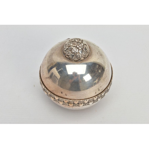 84 - A COMMEMORATIVE SILVER ORB BOX, plain polished orb with flower and heart detailing round the rim, en... 