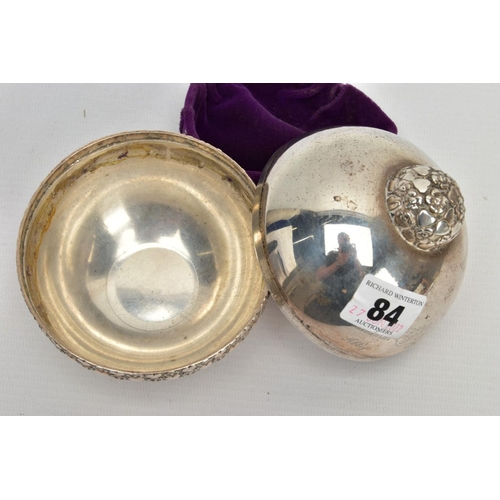 84 - A COMMEMORATIVE SILVER ORB BOX, plain polished orb with flower and heart detailing round the rim, en... 