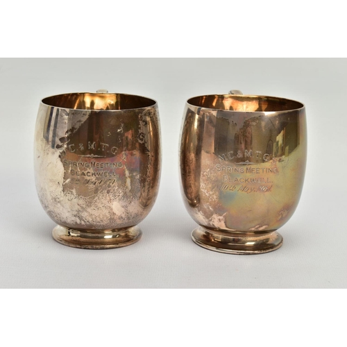 85 - A PAIR OF SILVER CUPS, each of a plain polished design, personal engraving reads 'M.C & M.T.G.S Spri... 