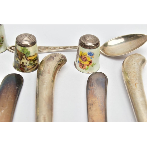 87 - A BOX OF ASSORTED SILVER AND WHITE METAL ITEMS, to include eleven silver handled butter knives, hall... 