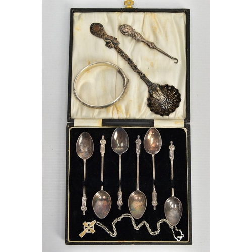 88 - A SELECTION OF SILVER ITEMS, to include a cased set of six silver apostle teaspoons, each hallmarked... 