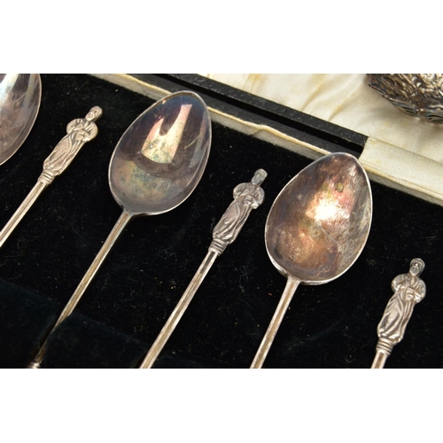 88 - A SELECTION OF SILVER ITEMS, to include a cased set of six silver apostle teaspoons, each hallmarked... 