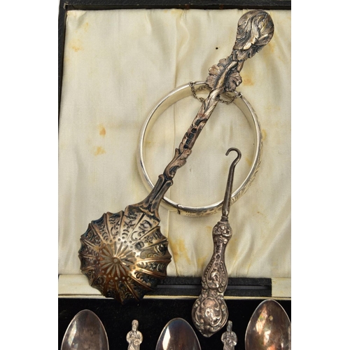 88 - A SELECTION OF SILVER ITEMS, to include a cased set of six silver apostle teaspoons, each hallmarked... 