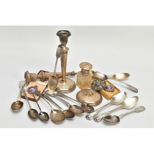 89 - A SELECTION OF SILVER TEASPOONS, AF CANDLESTICKS AND OTHER ITEMS, to include two Georgian kings patt... 