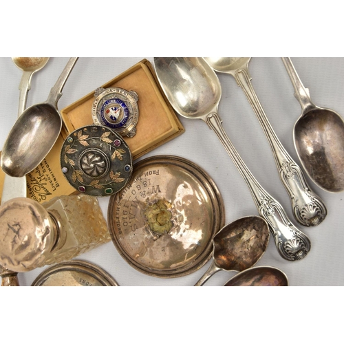 89 - A SELECTION OF SILVER TEASPOONS, AF CANDLESTICKS AND OTHER ITEMS, to include two Georgian kings patt... 