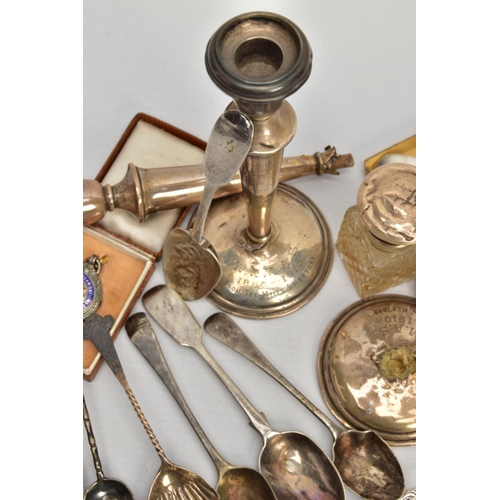 89 - A SELECTION OF SILVER TEASPOONS, AF CANDLESTICKS AND OTHER ITEMS, to include two Georgian kings patt... 