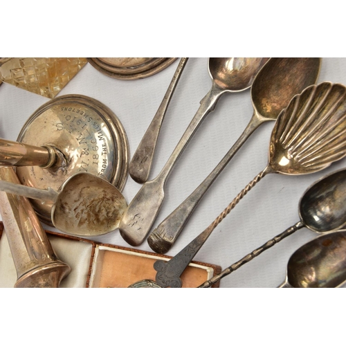 89 - A SELECTION OF SILVER TEASPOONS, AF CANDLESTICKS AND OTHER ITEMS, to include two Georgian kings patt... 